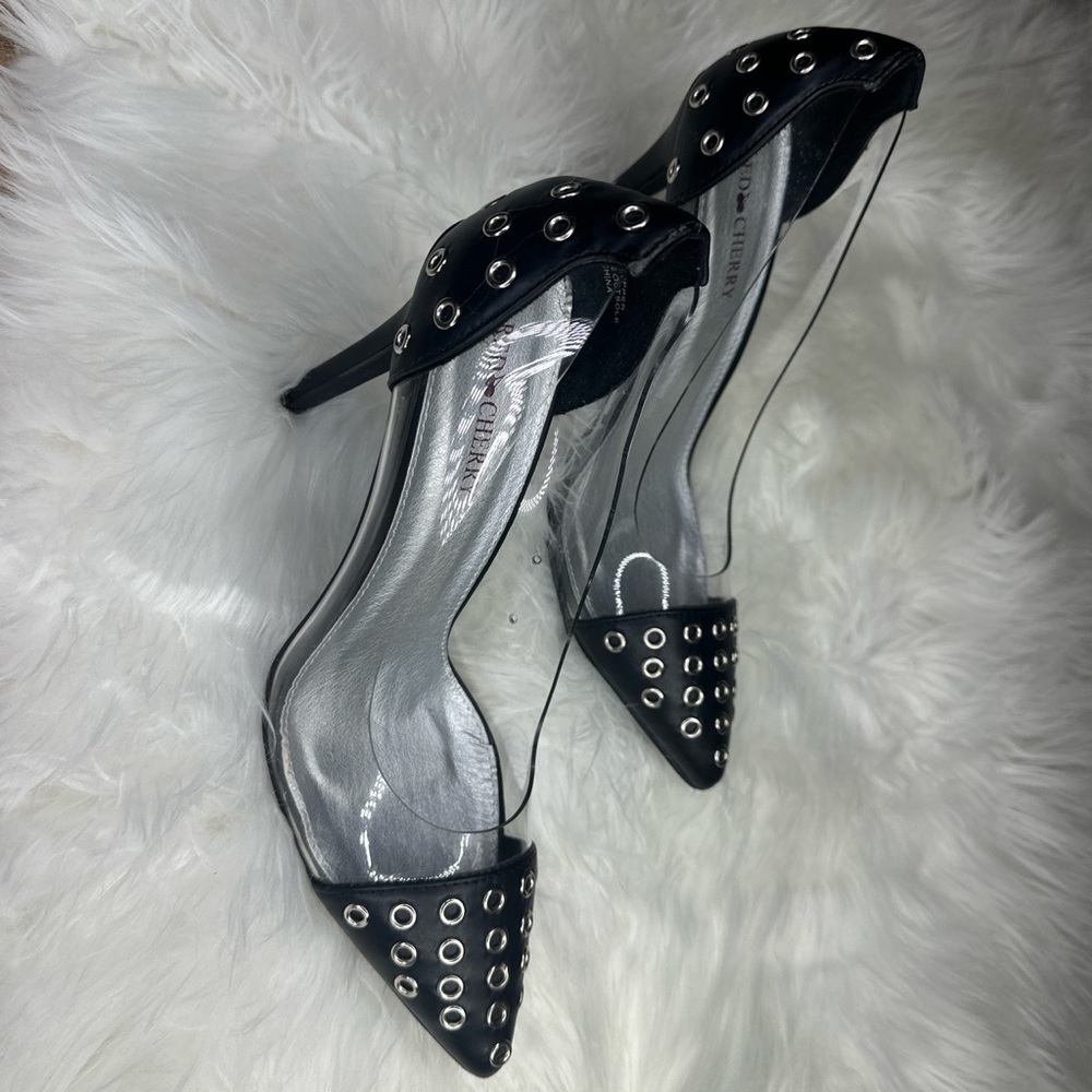 Red Cherry Black Clear Color Grommet Pointy Toe Pump 4.5 heel.